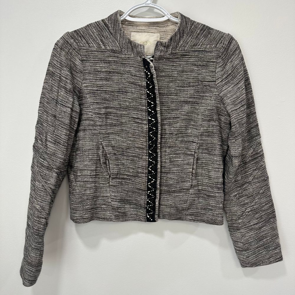 MAJE Womens Jacket 34 Heathered Gray Cotton Linen Zip Beaded Motto Knit Blazer‎